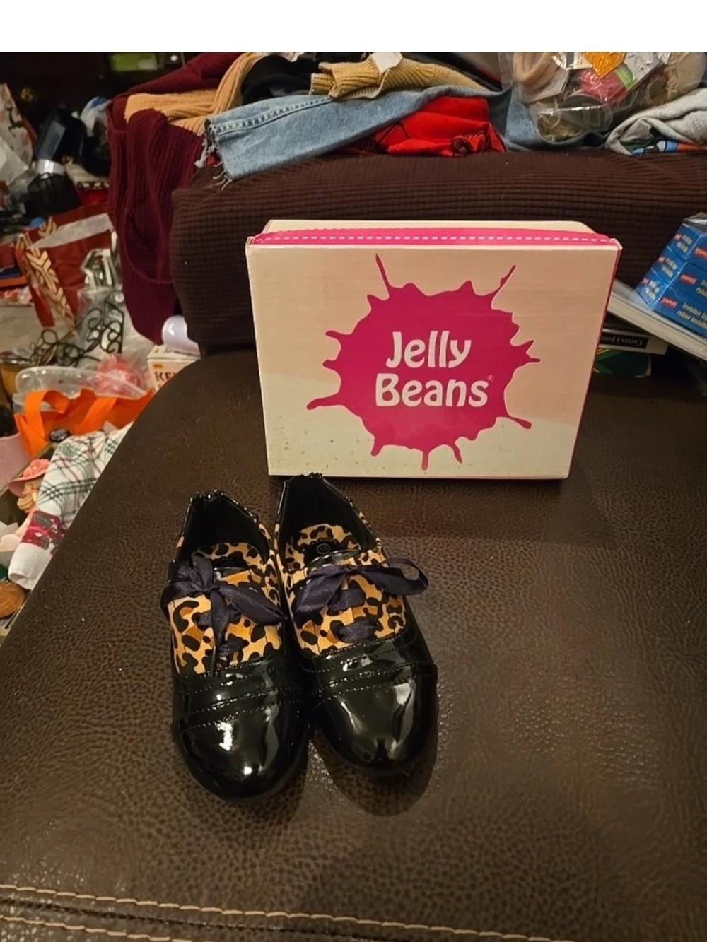 Jelly Beans Girls Black Patent & Leopard Print Bow Flats